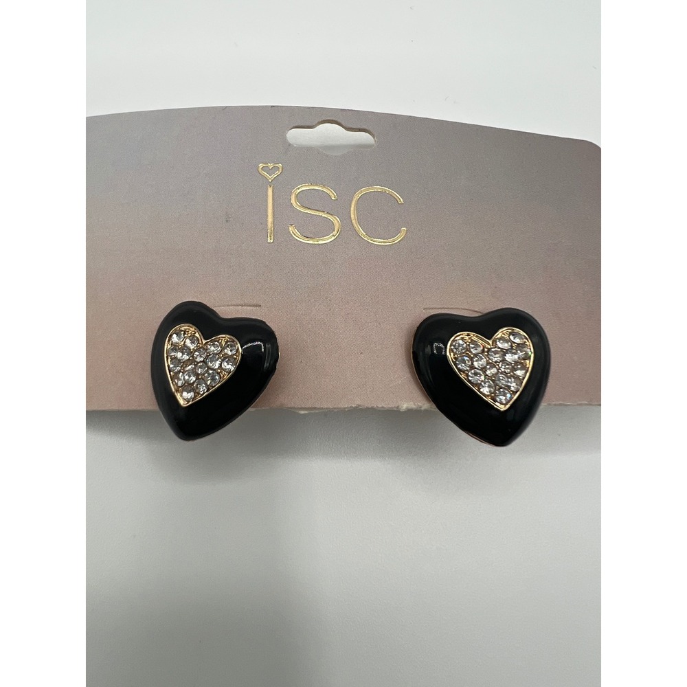 ISC Womens Black Enamel Heart Rhinestone Stud Earrings Gold Tone 95219NE